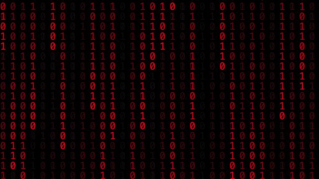 Binary digits. Hacker attack. Red code on black background. Moving digits on screen. Concept of digital age. decryption and encoding, row matrix, future, animation 4k.
