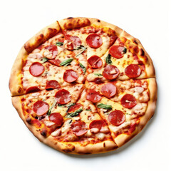 Delicious pizza topped with pepperoni and fresh basil on white background