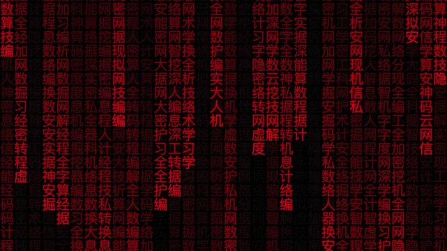 Chinese character. Hacker attack. Red code on black background. Moving digits on screen. Concept of digital age. decryption and encoding, row matrix, future, animation 4k.