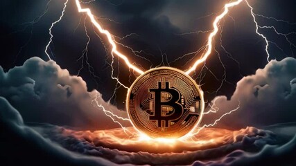 A golden Bitcoin coin surrounded by lightning strikes with a dark cloudy sky in the background. - Powered by Adobe