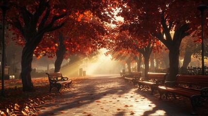 Romantic Path in Red Tree Park. AI generated illustration.