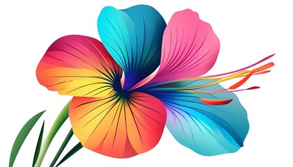 Fototapeta premium A vibrant hibiscus flower with rainbow colored petals on a white background, digital art