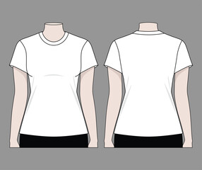 Women's Blank White T-Shirt Template on Gray Background. Front and Back Views, Vector File.