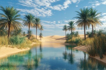 Obraz premium A tranquil desert oasis with palm trees, a crystal-clear spring, and golden sand dunes all around