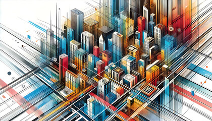A vibrant abstract artwork depicting an urban cityscape with colorful geometric patterns and shapes