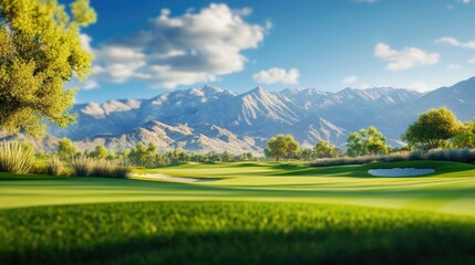 A framed golf course scene with a blurred mountain range background, highlighting the course's natural beauty