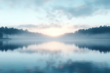 Fototapeta premium A tranquil lake at dawn, with mist rising from the water and the first light of day breaking the horizon