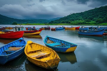 Obraz premium A group of colorful boats parked on a lake.