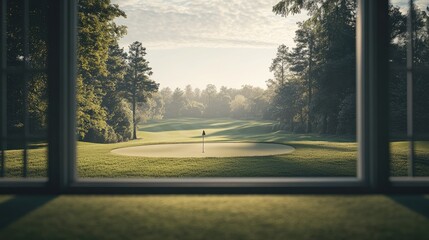 A framed shot of a golf course with a blurred tee box in the background, emphasizing the start of the game