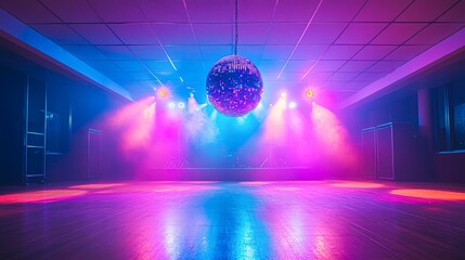 A disco ball hangs in a colorful, fog-filled dance hall with bright lighting, perfect for party, nightclub, or dance event promotions,