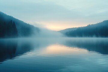 Fototapeta premium A tranquil lake at dawn, with mist rising from the water and the first light of day breaking the horizon