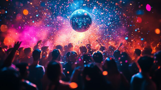 A vibrant party scene with a disco ball glittering above a lively crowd under colorful lighting and confetti, ideal for nightlife, celebration, and entertainment themes,
