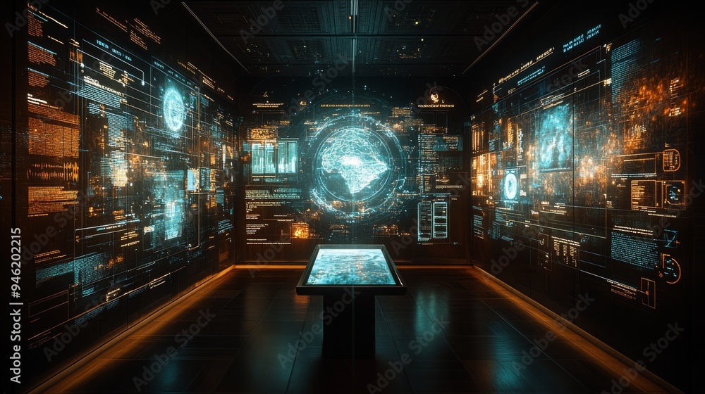 Poster an advanced holographic interface displays environmental data in a high-tech facility, highlighting 