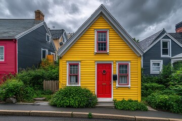 A yellow house with a red door in Halifax, Nova Scotia.