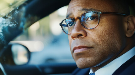 Reflective Professional Man in Vehicle. An image of a middle-aged Black man with a pensive look, wearing round glasses and business attire, seated in a car, gazing out the window.
