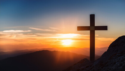 Good Friday concept: cross with sunset in the sky background
