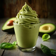 Green thickened whipped cream in a stemmed glass Place the soiled jar through the emptying chamber. Behind them lay fresh avocado leaves and a wide wooden table
