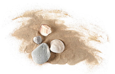 Pile desert sand, sea ​​shell and stone isolated on white background, clipping path, top view