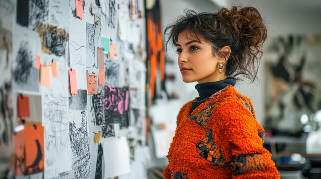 A woman in a cozy orange sweater intensely studies an inspiration board filled with sketches and notes ideal for creativity, brainstorming, art studios, or designer workspaces,