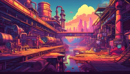 Pixelated Abandoned Industrial Complex - A pixel art depiction of a large, abandoned industrial complex. Game design poster. Graphic art 8 bit illustration banner