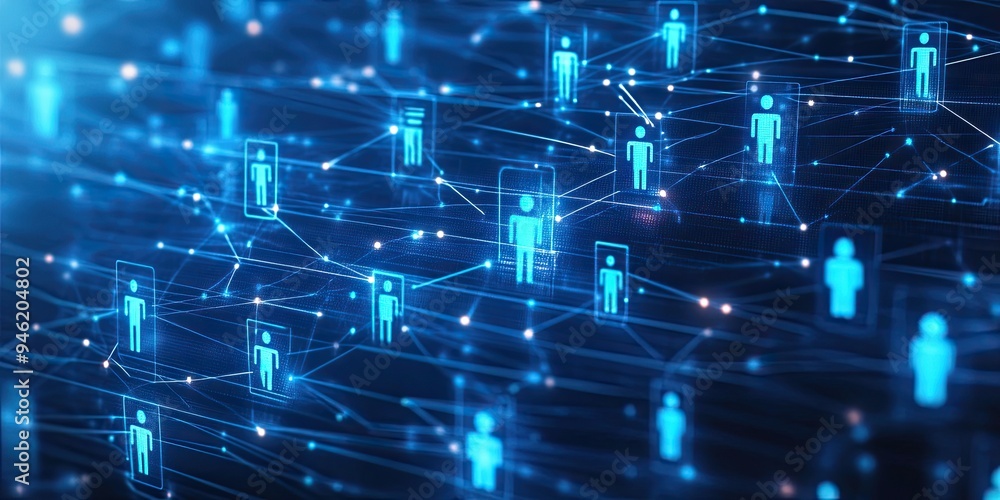 Poster digital technology concept with a blue digital icon of people and social network connections on a da