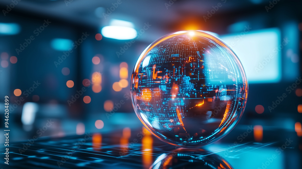 Poster futuristic digital sphere with holographic data in a high-tech environment