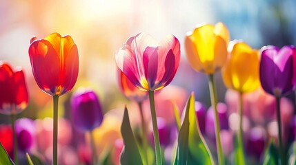 Colorful tulips blooming under the spring sunlight