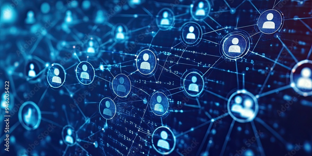 Poster digital technology background with icons of people in circles, interconnected by lines to symbolize 