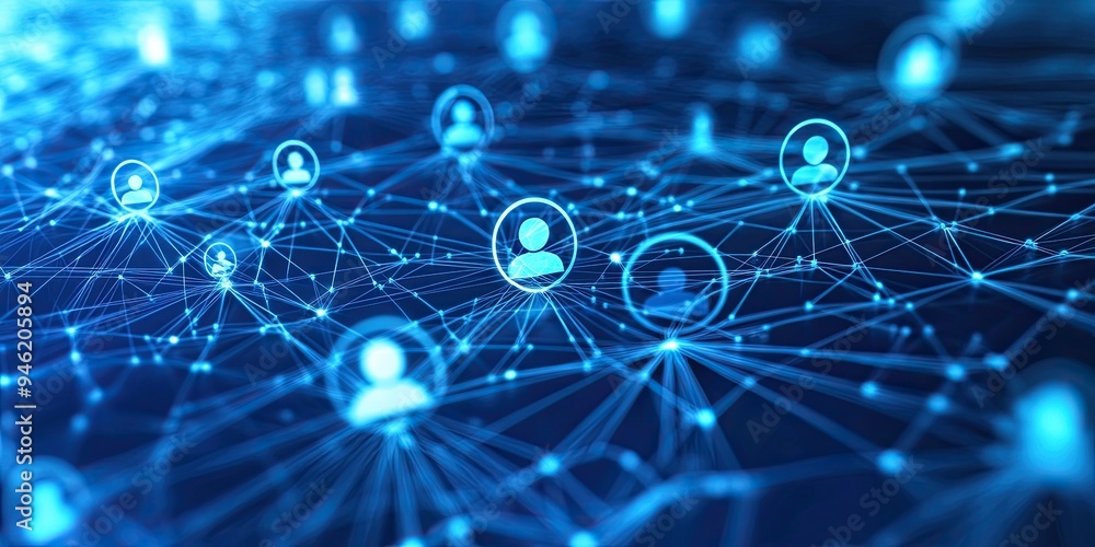 Poster a blue digital background with icons of people and social media, representing network connection for