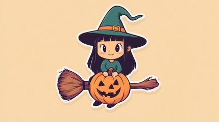 Festive sticker with a monster girl wearing a witch hat, sitting on a broomstick with a pumpkin.