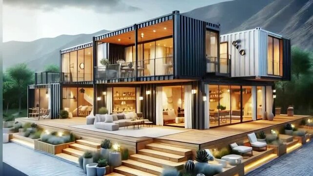 Renderiza&ccedil;&atilde;o 3D de casa container moderna e aconchegante com estacionamento e piscina 