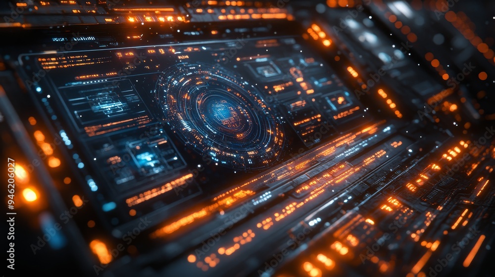 Poster a holographic interface displays dynamic data and graphics for interactive gaming tournaments, showc
