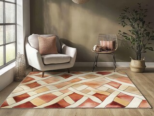 Stylish interior featuring a colorful patterned rug, modern armchair, and natural decor enhancing the cozy atmosphere.