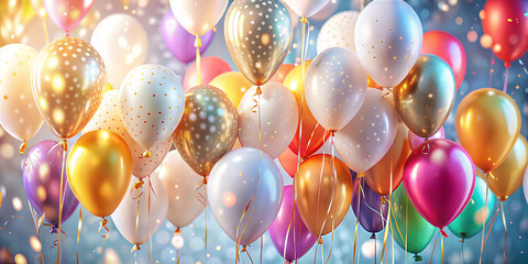 Festive multicolor balloons. Weddings, anniversaries, birthdays, graduation, corporate events. The concept of an exquisite and magical holiday. Copy space. Card, invitation, banner, flyer, background.