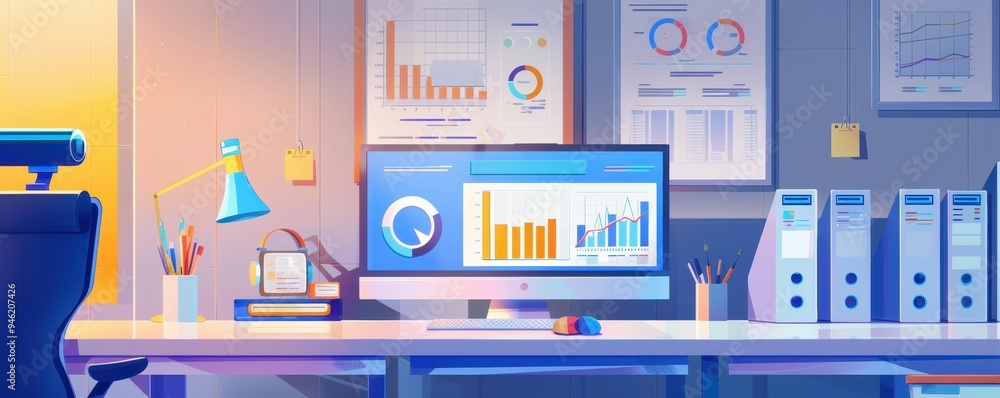 Poster modern office workspace featuring a computer with data analytics on the screen, surrounded by charts