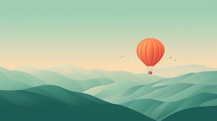 Obraz premium Hot Air Balloon floating. Mountains in background minimalistic 