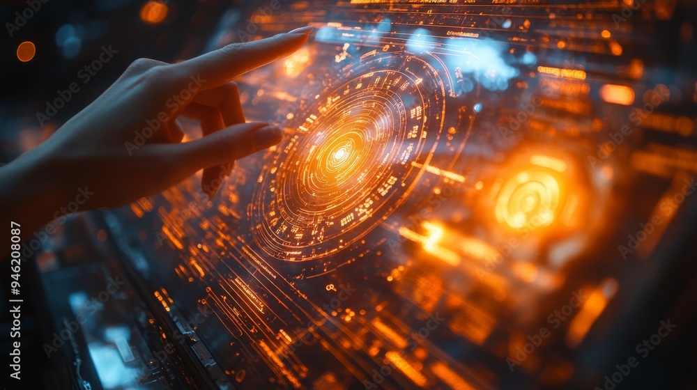 Poster a user engages with a holographic interface displaying neon graphics for instant language translatio