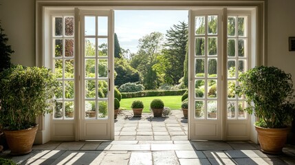 French Doors Opening to a Lush Garden