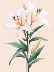 Fototapeta premium A detailed illustration of pink lilies with green leaves against a soft background.