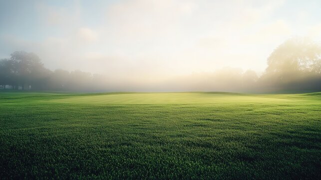 A golf course framed with a blurred foggy morning background, capturing the mystique of an early tee time