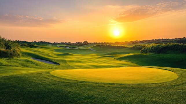A golf course in an elegant wooden frame, with a blurred sunset over the green in the background
