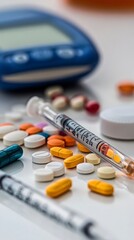 A collection of medication, syringes, and a glucose meter on a table.