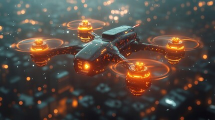The advanced holographic interface displays real-time data as a drone maneuvers above a neon-lit cityscape during nighttime operations.