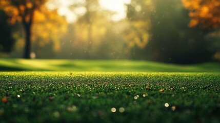 A golf course with a gently sloping fairway, blurred forest in the background, inviting players to take on the challenge
