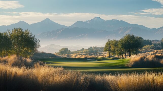 A golf course with a distant mountain range, blurred in the background, highlighting the grandeur of the surrounding landscape
