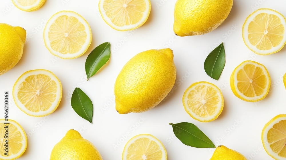 Wall mural Fresh lemons and lemon slices with leaves on white background.