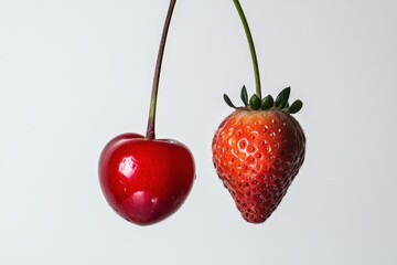 A cherry and a strawberry, both fruits of the Rosaceae family.