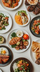 Various delicious Arabic dishes are beautifully arranged on plates, showcasing colorful ingredients and flavors to enjoy