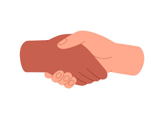 Two person handshake. Sign of greeting, agreement in teamwork, hand shake gesture. Concept of business partnership, interracial friendship. Flat isolated vector illustration on white background