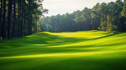 A golf course with a gently sloping fairway, blurred forest in the background, inviting players to take on the challenge